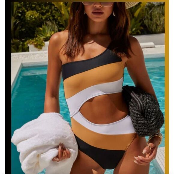 VICI Swimsuit One Piece Raya Cut Out One Shoulder Colorblock Size S - Picture 1 of 10